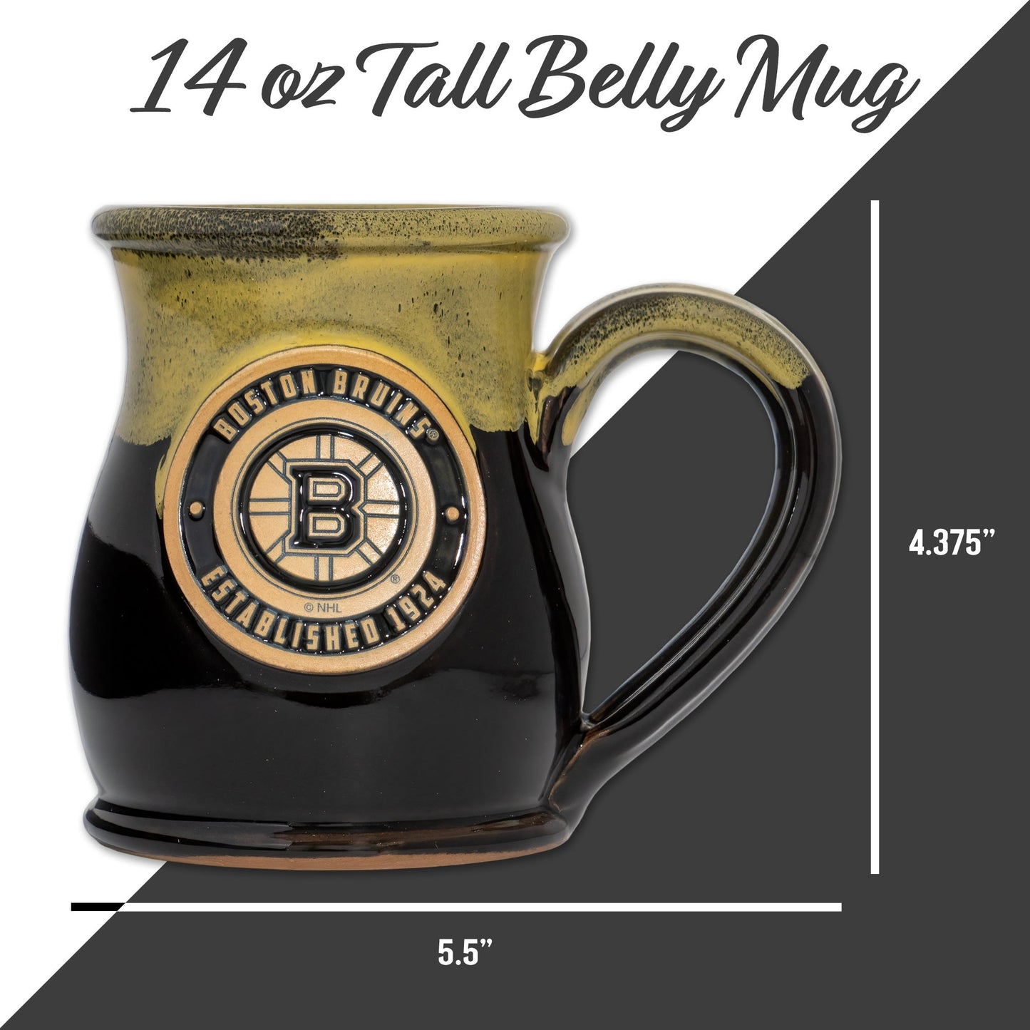 Boston Bruins 14-oz Two-Tone Tall Belly Mug, Handmade Large Ceramic Coffee Mug With Team Logo, Premium Deneen Pottery Made in USA
