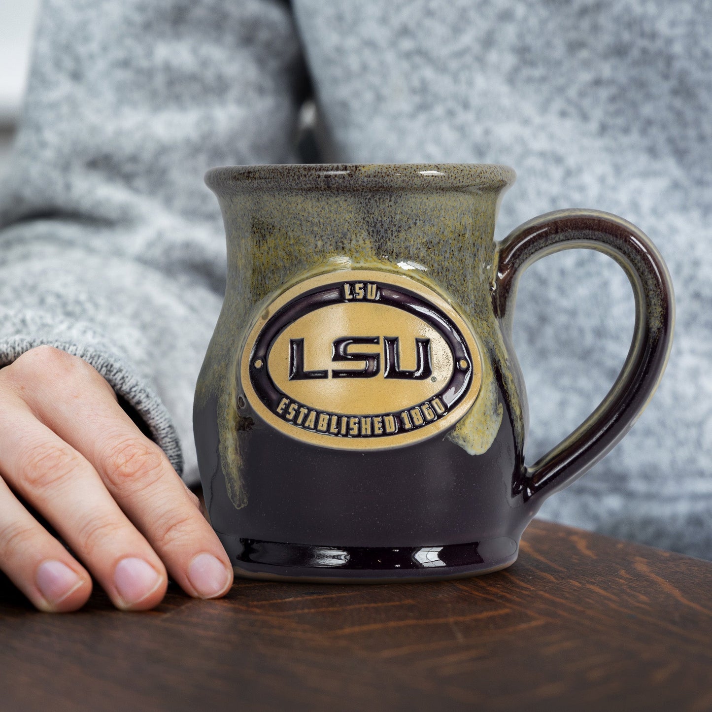 LSU Tigers 14-oz Two-Tone Tall Belly Mug, Handmade Large Ceramic Coffee Mug With Team Logo, Premium Deneen Pottery Made in USA