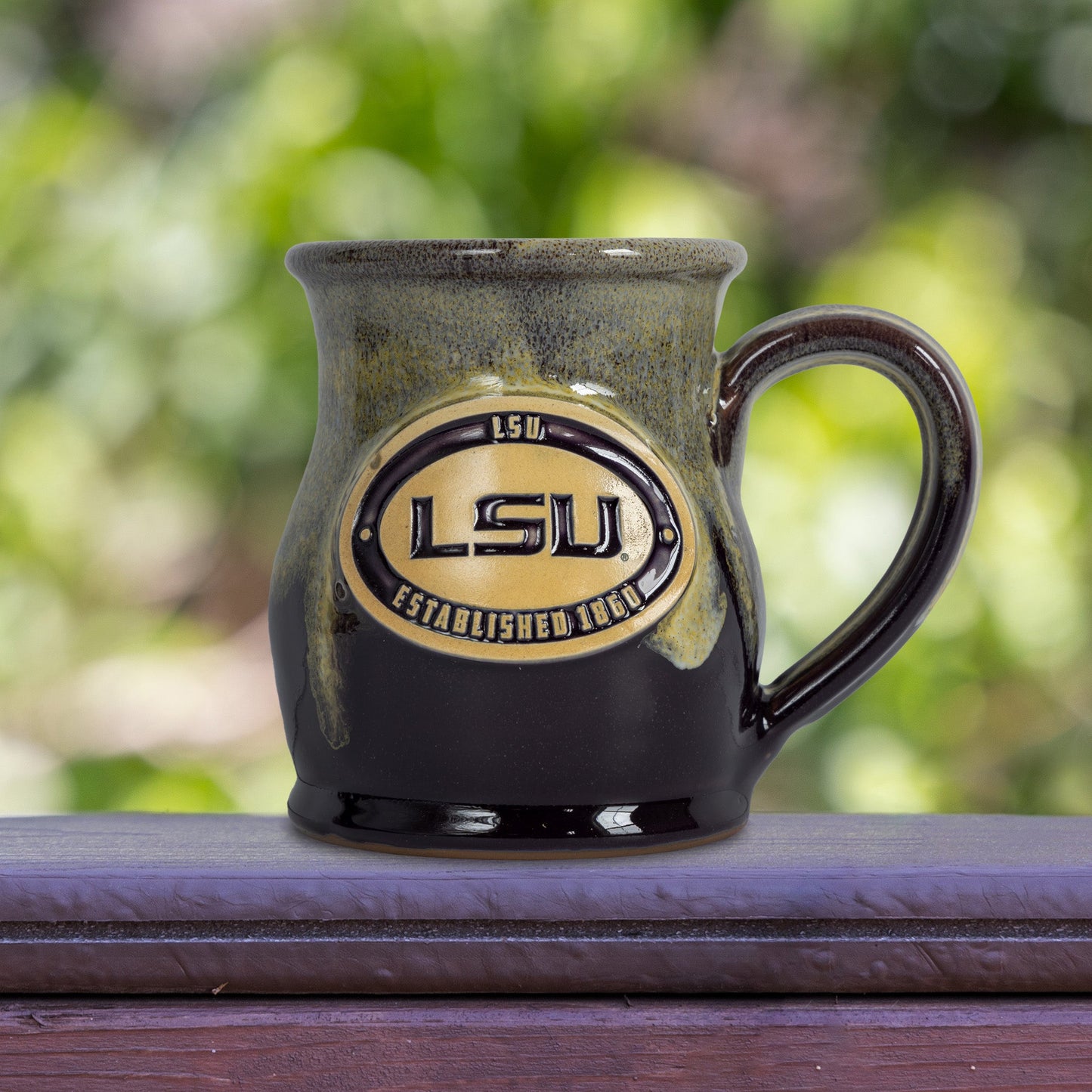LSU Tigers 14-oz Two-Tone Tall Belly Mug, Handmade Large Ceramic Coffee Mug With Team Logo, Premium Deneen Pottery Made in USA