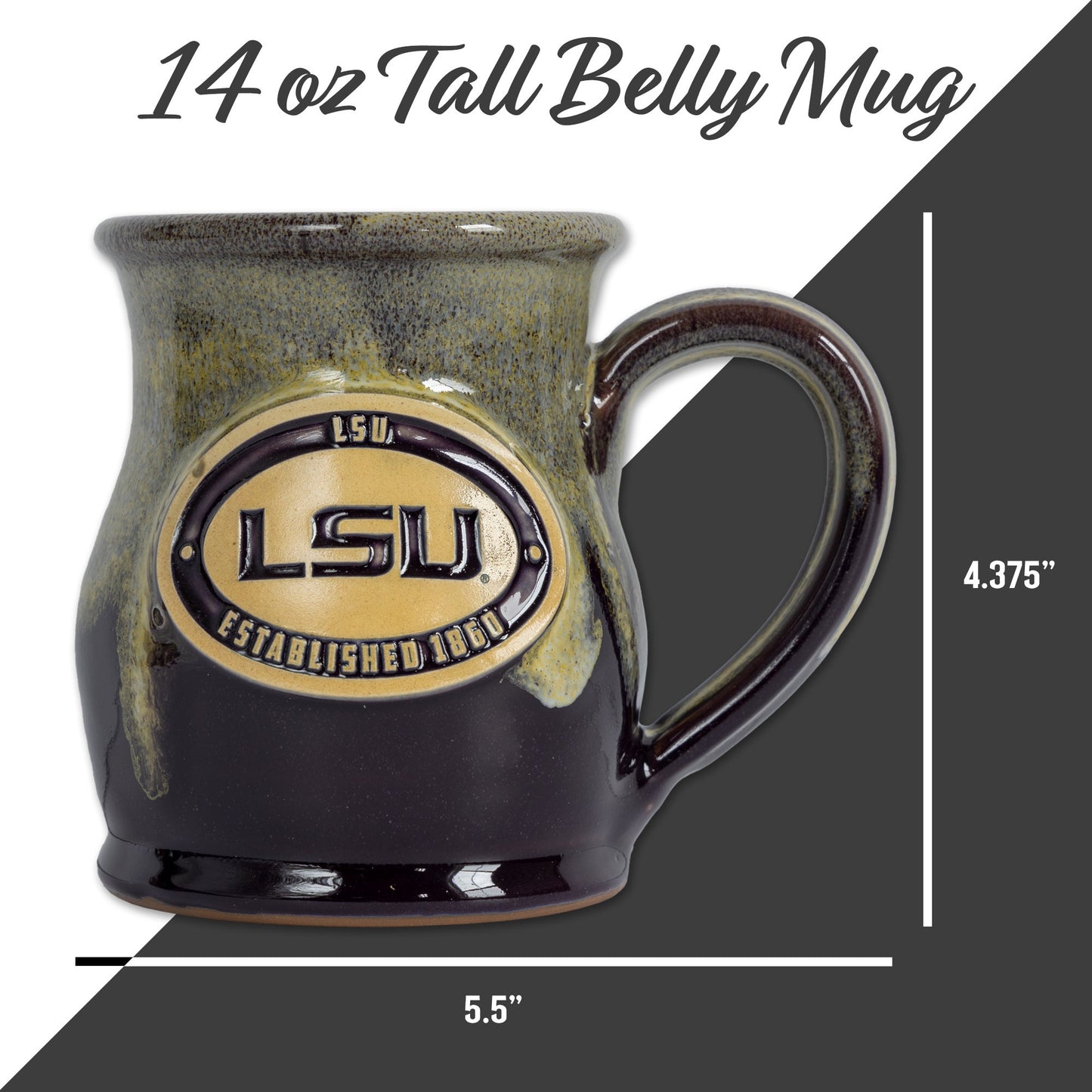 LSU Tigers 14-oz Two-Tone Tall Belly Mug, Handmade Large Ceramic Coffee Mug With Team Logo, Premium Deneen Pottery Made in USA