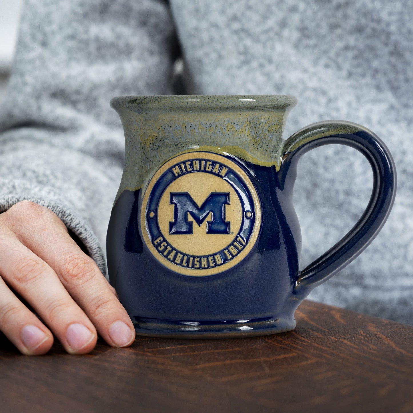 Michigan Wolverines 14-oz Two-Tone Tall Belly Mug, Handmade Large Ceramic Coffee Mug With Team Logo, Premium Deneen Pottery Made in USA