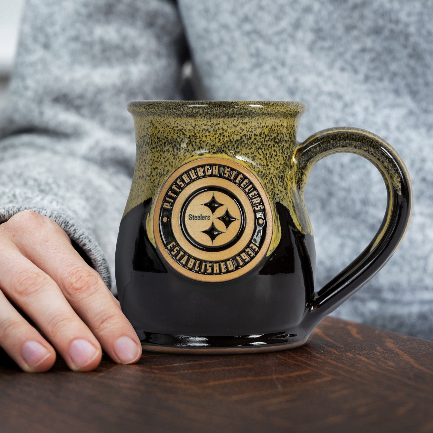 Pittsburgh Steelers 14-oz Two-Tone Tall Belly Mug, Handmade Large Ceramic Coffee Mug With Team Logo, Premium Deneen Pottery Made in USA