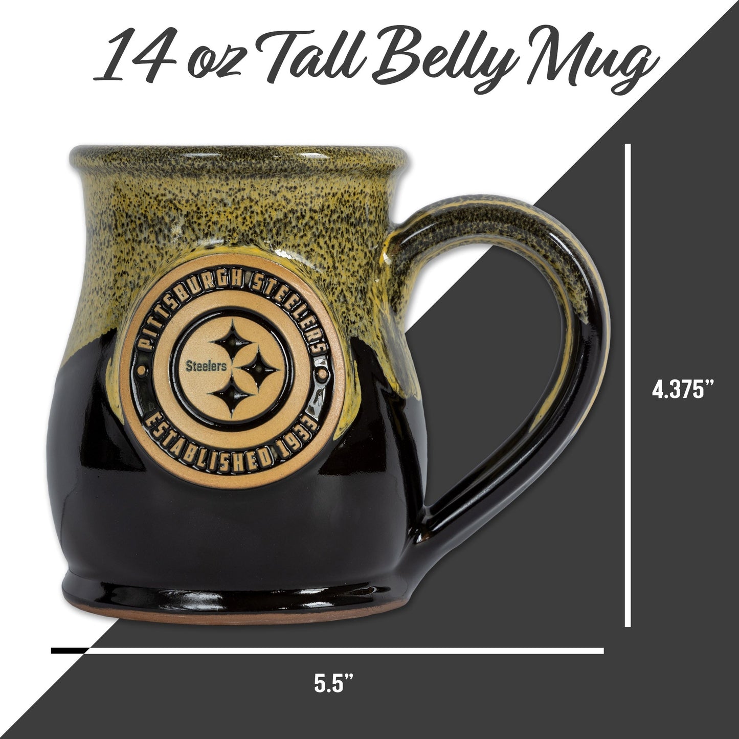 Pittsburgh Steelers 14-oz Two-Tone Tall Belly Mug, Handmade Large Ceramic Coffee Mug With Team Logo, Premium Deneen Pottery Made in USA