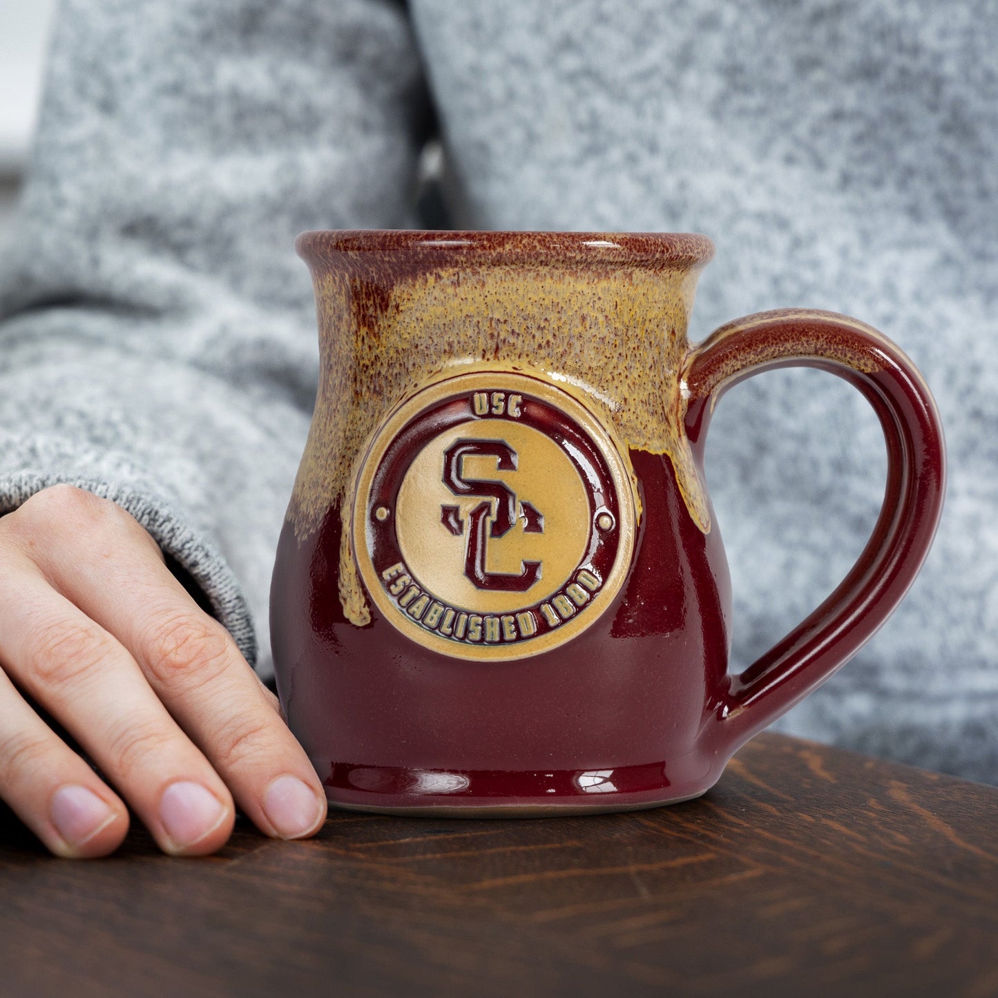 Southern California Trojans 14-oz Two-Tone Tall Belly Mug, Handmade Large Ceramic Coffee Mug With Team Logo, Premium Deneen Pottery Made in USA