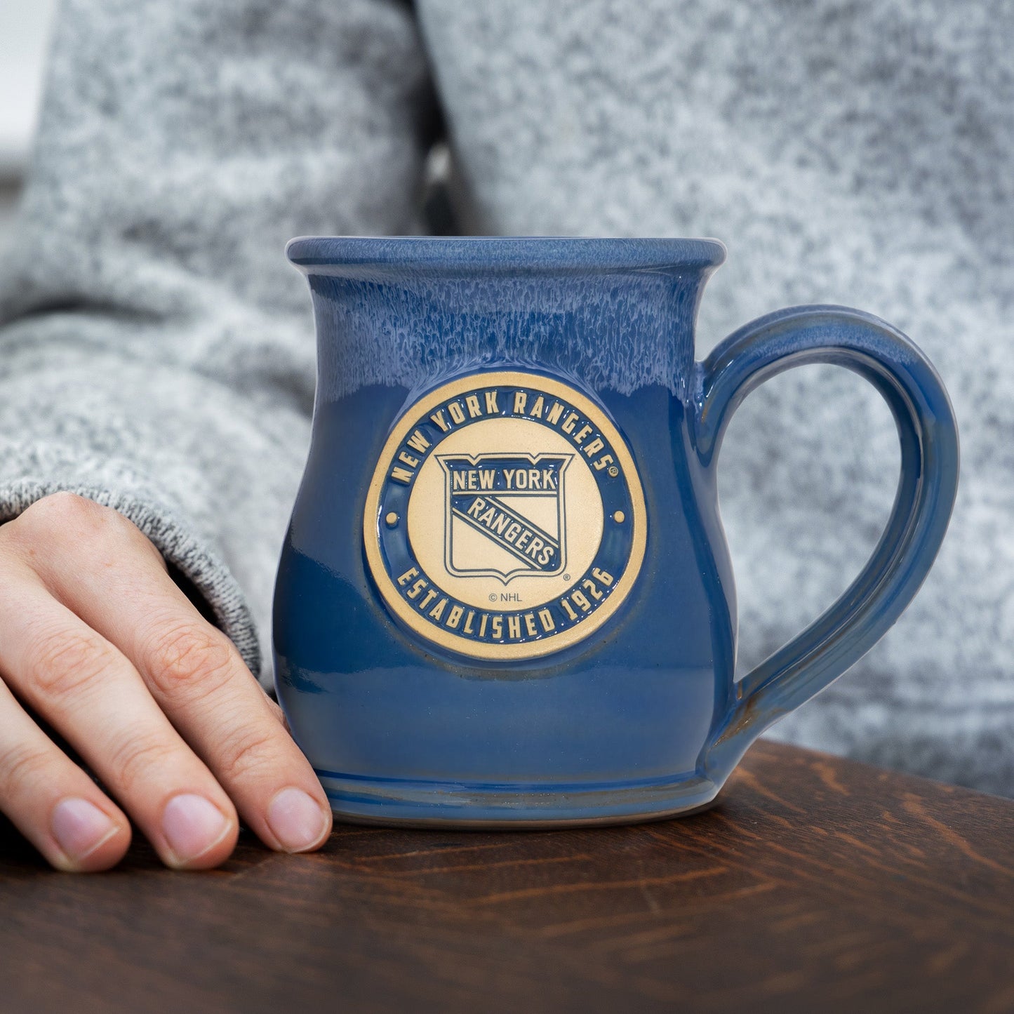 New York Rangers 14-oz Two-Tone Tall Belly Mug, Handmade Large Ceramic Coffee Mug With Team Logo, Premium Deneen Pottery Made in USA