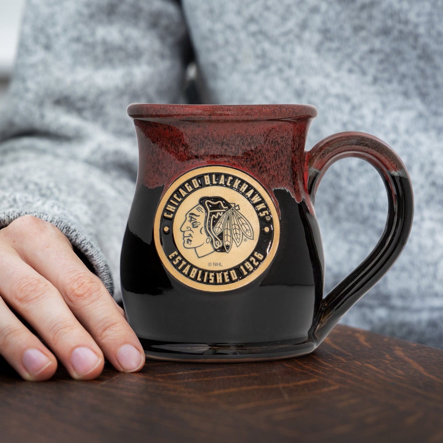 Chicago Blackhawks 14-oz Two-Tone Tall Belly Mug, Handmade Large Ceramic Coffee Mug With Team Logo, Premium Deneen Pottery Made in USA