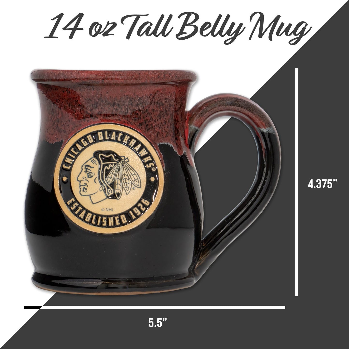 Chicago Blackhawks 14-oz Two-Tone Tall Belly Mug, Handmade Large Ceramic Coffee Mug With Team Logo, Premium Deneen Pottery Made in USA